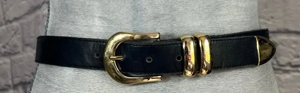 Vintage 90's Classic Navy Blue Leather Belt with Goldtone Buckle and Belt Tip